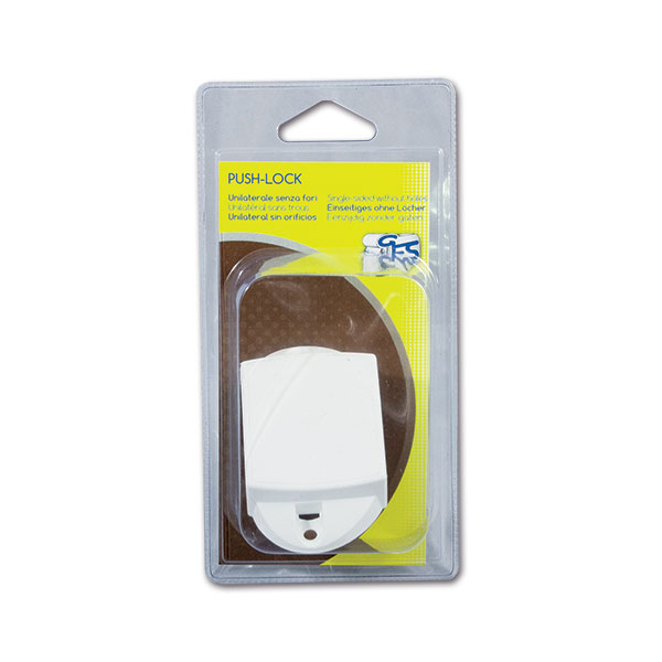 PSH01BC_1-1 Dettaglio del Push-Lock unilaterale bianco, sistema di chiusura a pressione per mobili di camper e caravan, evidenziando il meccanismo. Installazione semplice e discreta.