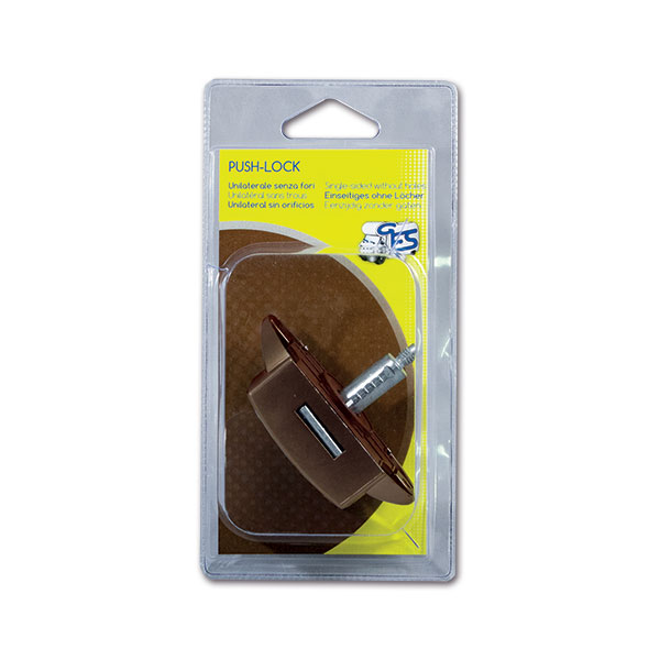 Dettaglio del Push-Lock unilaterale marrone, un accessorio essenziale per la sicurezza dei mobili del camper.