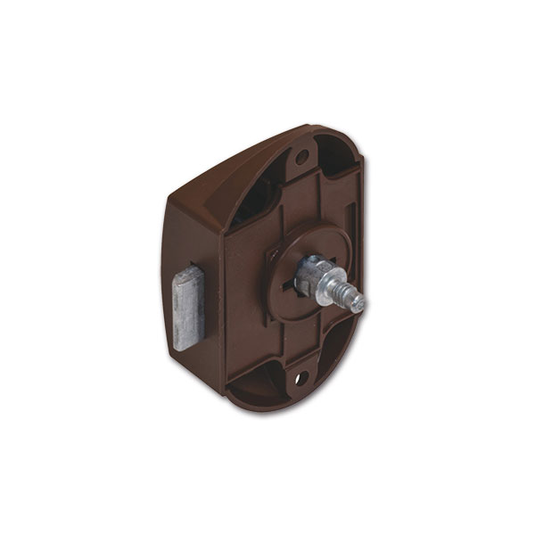 Primo piano del sistema di chiusura Push-Lock unilaterale, evidenziando il meccanismo a pressione per sportelli di veicoli ricreazionali.