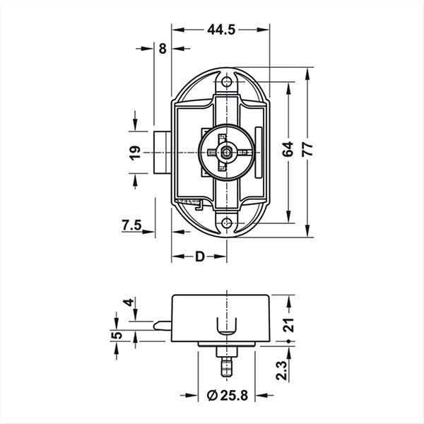 PSH01N_3-1 Primo piano di un Push-Lock unilaterale nichelato satinato, evidenziando la finitura e la robustezza del design per accessori da veicolo ricreazionale.