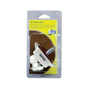 Kit Push-Lock bianco con pulsante e rosetta, ideale per mobili camper e caravan.
