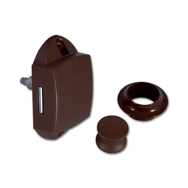 Dettaglio del Kit Push-Lock marrone, evidenziando il pulsante e la rosetta per un'installazione elegante sui mobili del camper.