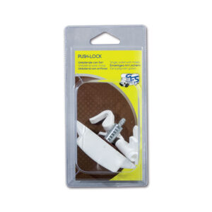 PSH11BC_1-1 Dettaglio del Push-Lock unilaterale bianco con ganci installato su un'anta di un mobile da camper, mostrando la chiusura discreta.