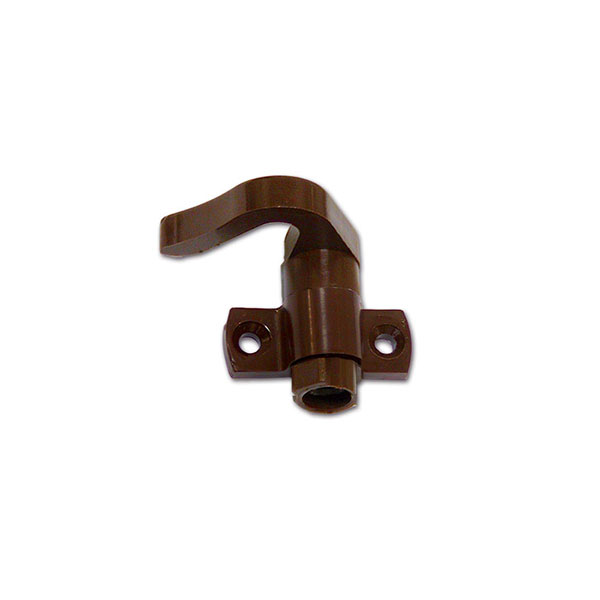 PSH11M_3-1 Immagine ravvicinata del Push-Lock unilaterale marrone non installato, evidenziando la finitura e i ganci per il montaggio su mobili da veicolo ricreazionale.