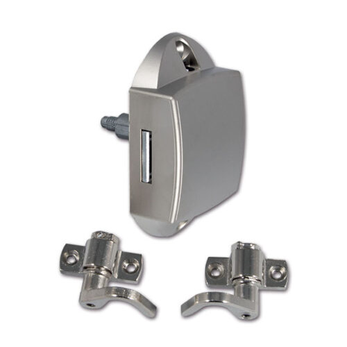 PSH11N_1 Dettaglio del Push-Lock unilaterale satinato con ganci installato su un mobile da camper