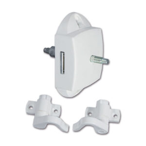 PSH12B_1-1 Dettaglio del Push-Lock bilaterale bianco con ganci, mostrando il meccanismo di chiusura e i punti di fissaggio per mobili del camper.