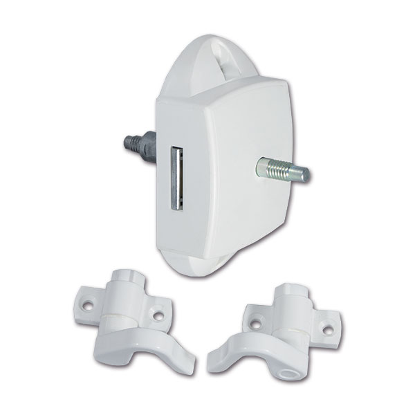 PSH12B_1-1 Dettaglio del Push-Lock bilaterale bianco con ganci, mostrando il meccanismo di chiusura e i punti di fissaggio per mobili del camper.