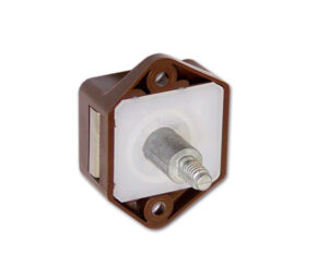 Immagine del Mini Push-lock marrone aperto e chiuso, dimostrando il funzionamento push-to-open.