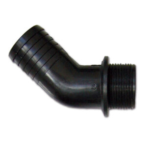 RAC33050_1-1 Raccordo curvo 45° F 1"1/4 D Ø 30 mm per impianti idraulici camper, primo piano sul dettaglio della filettatura.