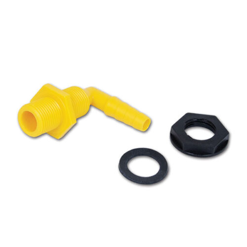 Dettaglio del kit raccordo curvo 90 maschio con filettatura F 1/2 e attacco per tubo D 10/12 mm, per impianti idraulici camper.