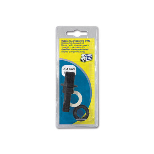 Dettaglio del kit raccordo dritto F 3/8" 11 mm per impianti idraulici di camper e caravan, evidenziando la filettatura femmina e l'attacco per tubo.
