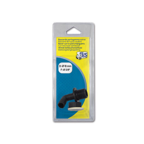 Dettaglio del Kit raccordo curvo maschio F 3/8 D Ø 10 mm blister, mostrando la filettatura e l'attacco per il tubo.