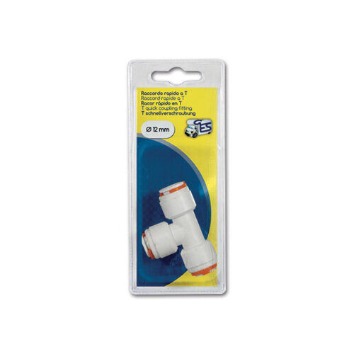 RAC903C_1-1 Dettaglio del RACCORDO RAPIDO A T 12MM per impianti idraulici di camper e caravan, con connessioni stagne.