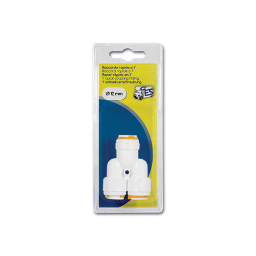 RAC904C_1-1 Dettaglio del raccordo rapido a Y 12mm per impianti idraulici di camper e caravan, con tre innesti.