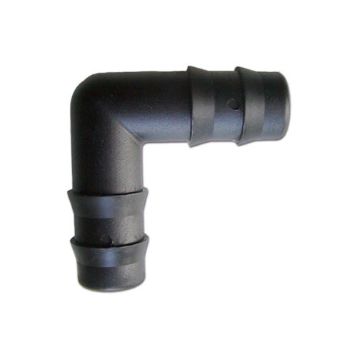 RACC16_1-1 Manicotto curvo 90° Ø 16 mm per impianti idrici di camper e caravan, connettore in plastica resistente.