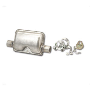 RIS9215_1 Dettaglio del Silenziatore con kit di montaggio per riscaldatori a gasolio, mostra i raccordi inclusi.