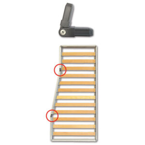 Illustrazione tecnica del giunto snodato per sagomatura reti letto, con dimensioni e punti di fissaggio.