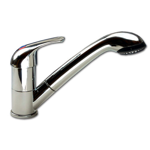 RUB4120_1-1 Miscelatore Kama per foro Ø 36 mm installato su un lavello da camper, con rubinetto cromato. Dettaglio del design funzionale del marchio Kama.