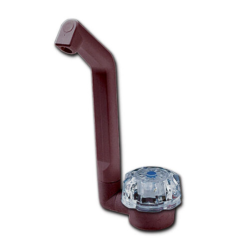 RUB4331_1-1 Rubinetto De Luxe marrone Ø 20 mm installato su lavello di un camper, mostrando il design elegante.