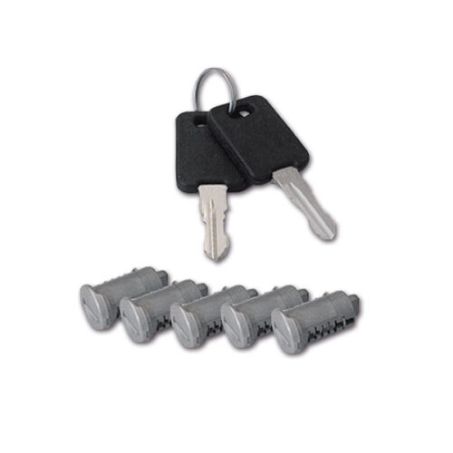 SRT1038E_1-1 Kit 5 cilindri 2 chiavi FAP standard per serrature camper e caravan, vista ravvicinata dei cilindri e delle chiavi.