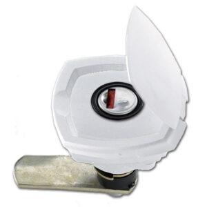 SRT1049B_2-1 Immagine frontale della serratura 1049 di colore bianco, accessorio essenziale per la sicurezza dei veicoli ricreazionali.