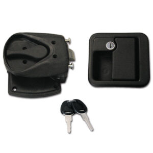 SRT1059N_1-1 Dettaglio della Serratura 1059 completa nera montata su una porta di camper, evidenziando il meccanismo di chiusura.