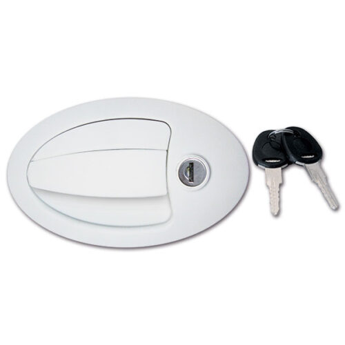 SRT1096PE_1-1 Maniglia esterna ovale grande con chiavi installata su portellone camper, vista laterale, colore nero.