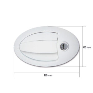 Immagine frontale della serratura ovale grande completa, evidenziando il design ergonomico e la finitura resistente per uso esterno.