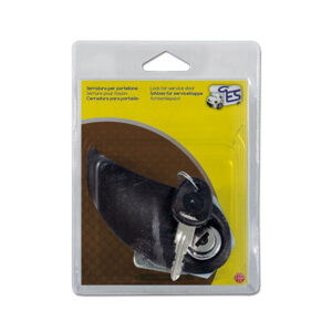 SRT1100C_1-1 Dettaglio della serratura Flap Lock con cilindretto e chiavi, mostrando il meccanismo di blocco.