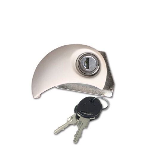 Serratura Flap Lock Moon sinistra con cilindretto e chiavi, dettaglio del meccanismo di bloccaggio per portelloni camper.