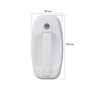 Vista laterale della serratura per porta FAP door locks, mostrando i punti di fissaggio e la costruzione resistente.