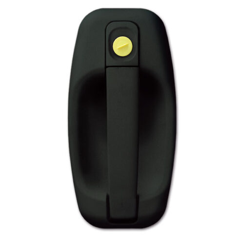 SRT1115NP_1-1 Serratura esterna 1115 nera installata su porta di camper, vista ravvicinata sul cilindro.