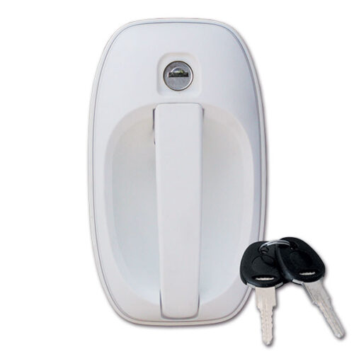 SRT1122PE_1-1 Serratura esterna 1122 bianca con chiavi installata su porta di camper per sicurezza