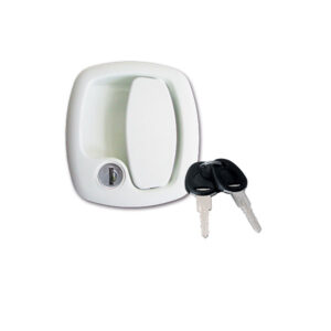 Maniglia esterna 1200 bianca con cilindro e chiavi New System per portelloni camper, vista frontale.