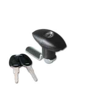 SRT1202N_1-1 Dettaglio della Serratura FAP piccola nera con cilindro e chiavi, ideale per portelloni di camper e caravan.