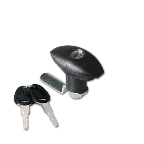 SRT1202N_1-1 Dettaglio della Serratura FAP piccola nera con cilindro e chiavi, ideale per portelloni di camper e caravan.