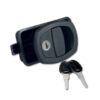 SRT1206_1-1 Serratura Nano completa nera installata su portellone di camper, vista frontale del meccanismo di chiusura