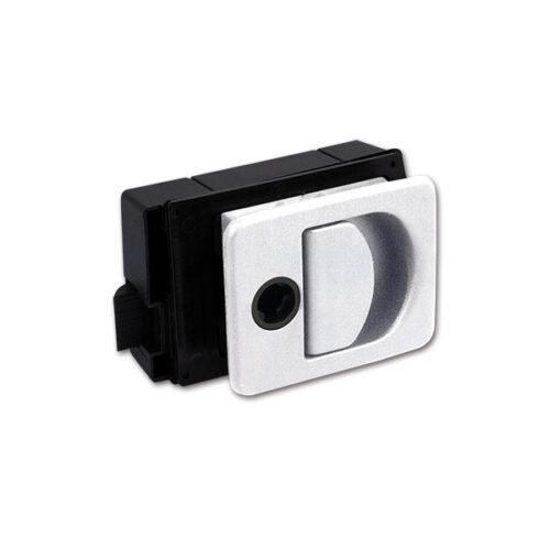 Dettaglio della serratura Kubus Bianco 24/35 mm installata su un portellone di camper.