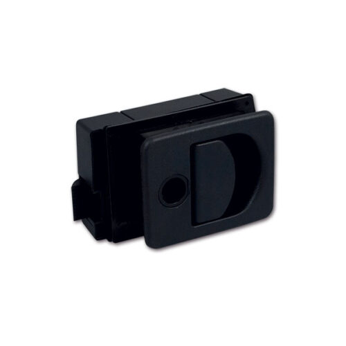 Dettaglio della Serratura Kubus Nera 24/35 mm installata su un portellone di camper, colore nero opaco.