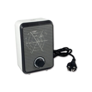 Stufa elettrica 220 V 600 W in funzione all'interno di un camper, irradia calore nella dinette.