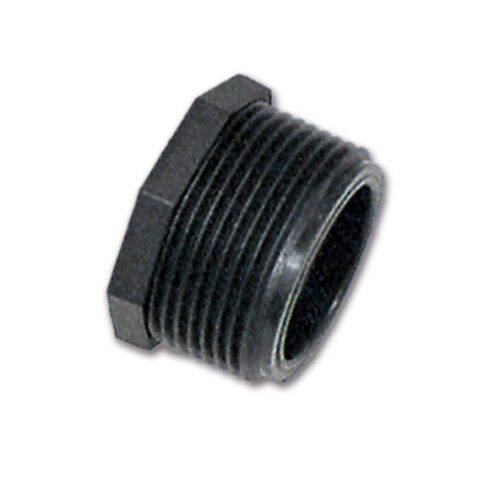 Dettaglio ravvicinato di un tappo maschio 1"1/2 in plastica, con filettatura ben visibile.