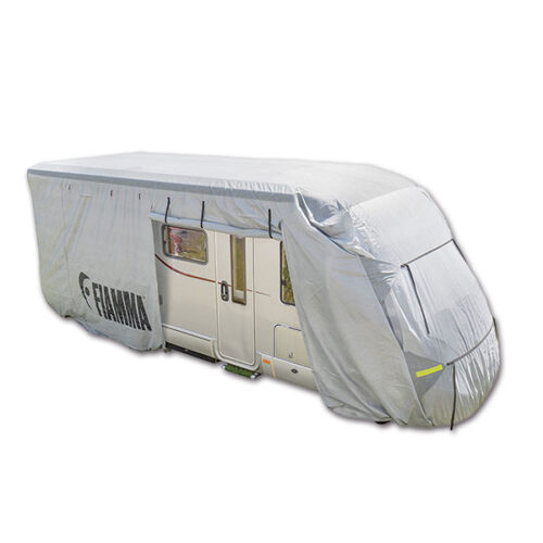 Cover Premium L FIAMMA S.P.A. installata su un camper, mostra la protezione completa del veicolo