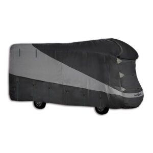 TCM365_1-1 Camper Cover 12 M BRUNNER applicata su un camper bianco, proteggendolo completamente dagli elementi esterni.