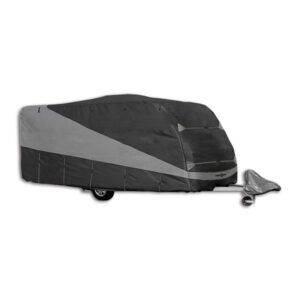 TCR355_1-1 Caravan Cover 12 M BRUNNER S.R.L. installata su caravan, vista laterale, protezione completa.