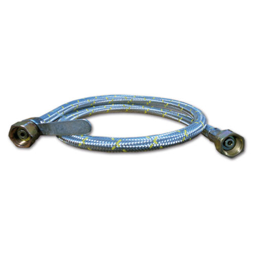 TUB402_1-1 Manichetta flessibile raccordo acciaio 700 mm per impianti gas di camper e caravan, dettaglio del raccordo in acciaio.