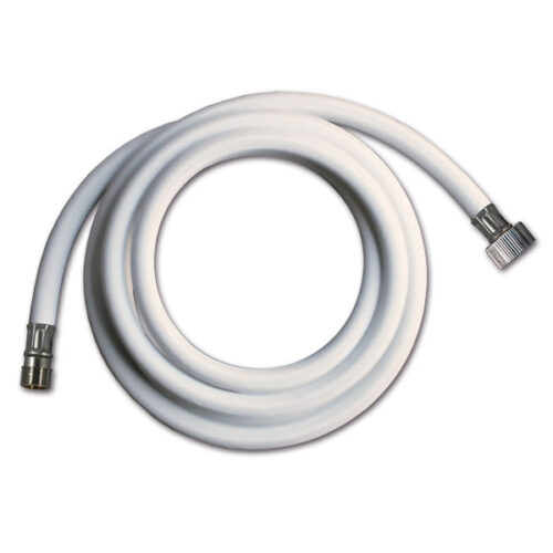 TUB5153B_1-1 Dettaglio del Tubo PVC bianco • 15/1 M - 3/8 F • 150 cm, con messa a fuoco sugli attacchi e sulla flessibilità del materiale.