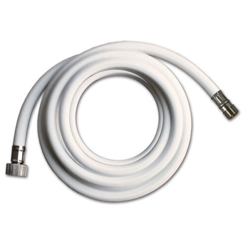 TUB5203B_1-1 Dettaglio del Tubo PVC bianco 3/8" F – 15/1" M 2 m, che mostra i raccordi e la finitura del materiale.