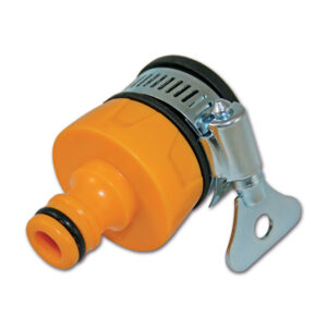 VAL006_1-1 Attacco rubinetto universale per camper, Ø 19-24 mm, mostra il sistema di fissaggio regolabile per una connessione sicura.