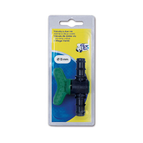 VAL010C_1-1 Dettaglio della valvola a 2 vie con raccordi a portagomma da 13 mm, ideale per impianti idraulici di camper e caravan.