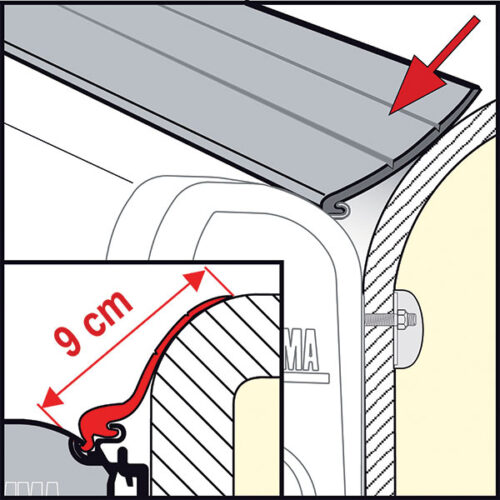 Rain Guard L FIAMMA installato su veranda camper, mostra la protezione dalla pioggia.